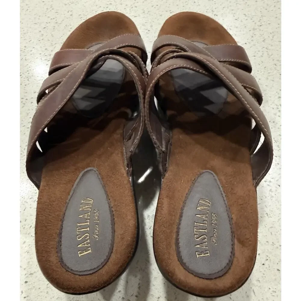Eastland Poppy Slide Sandals Women's Size 9M Brown Leather Upper Wedge Strappy - Picture 4 of 12